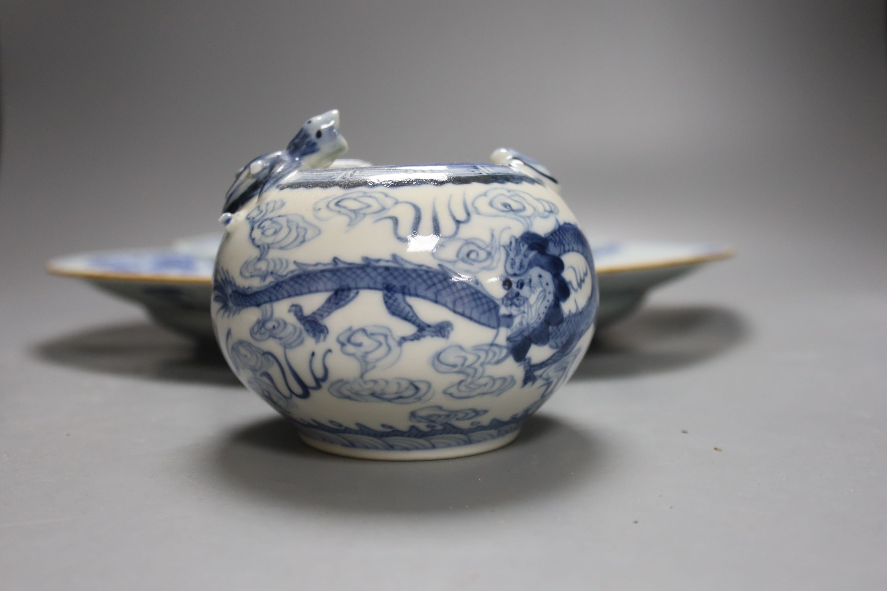 Two 18th century Chinese blue and white dishes and a water pot, largest item 34.5 cms diameter.
